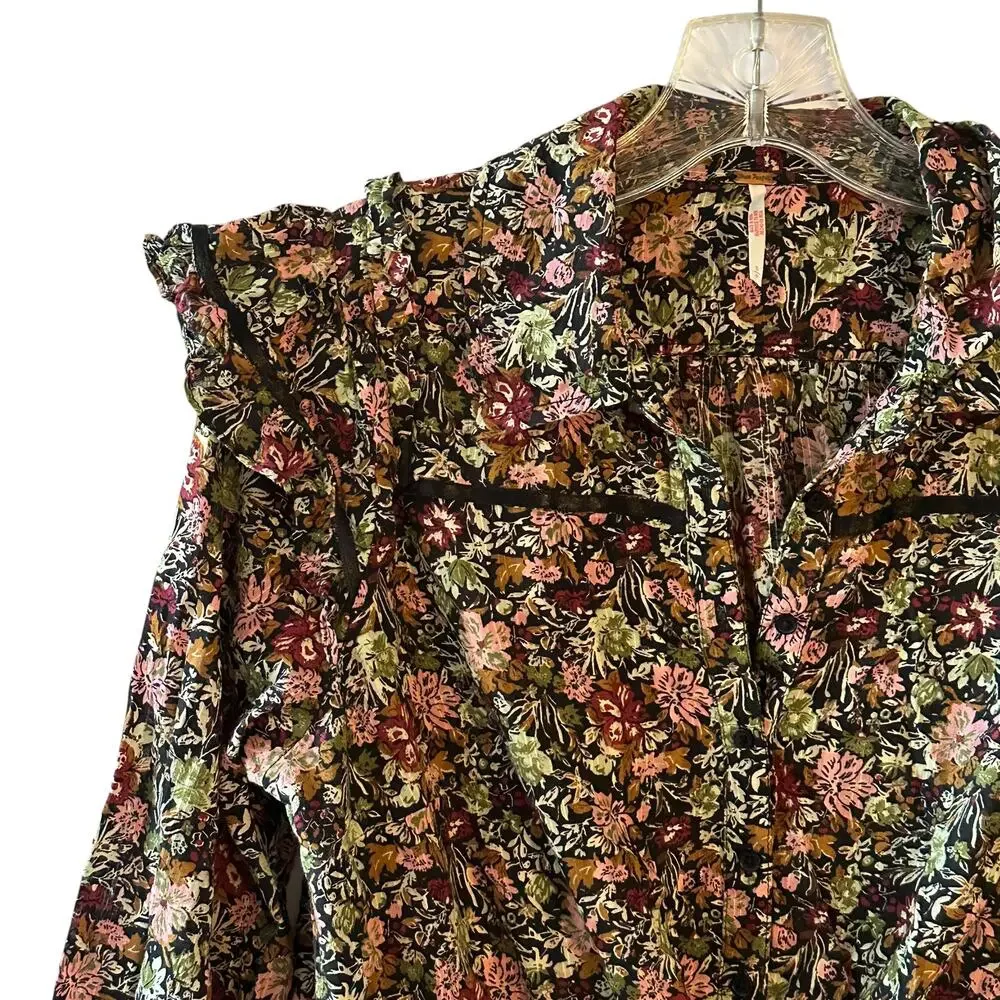 Free People Daybreak Top Womens Small Moody Floral Boho Ruffled Blouse